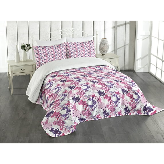 Ambesonne Abstract Quilted Bedspread Set 3 Pcs, Paint Stains, King Size, Pink Purple White