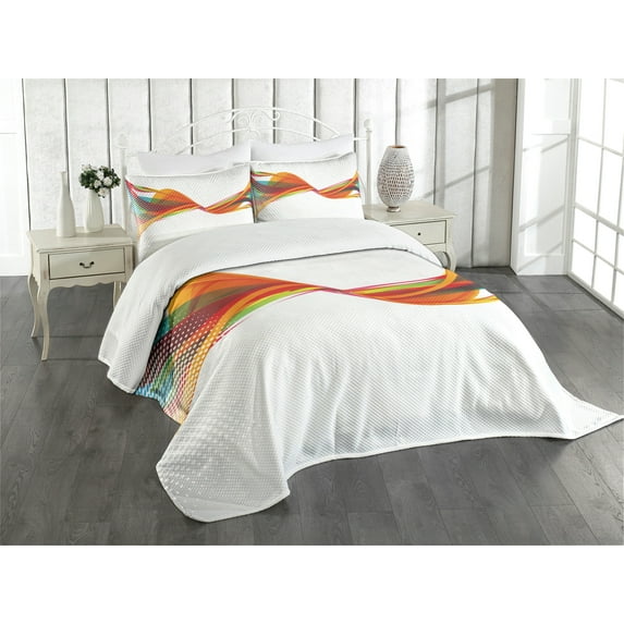 Ambesonne Abstract Quilted Bedspread Set 3 Pcs, Pixel Details Rainbow, Queen Size, Multicolor