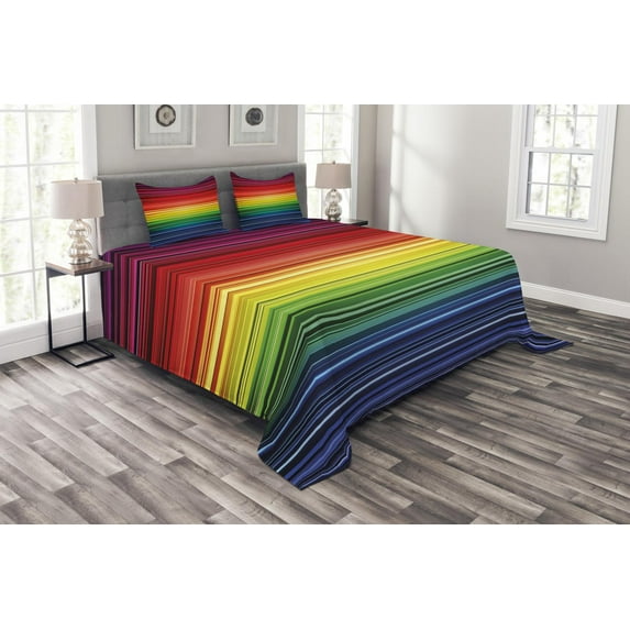 Ambesonne Abstract Quilted Bedspread Set 3 Pcs, Rainbow Stripes Neon, Queen Size, Multicolor