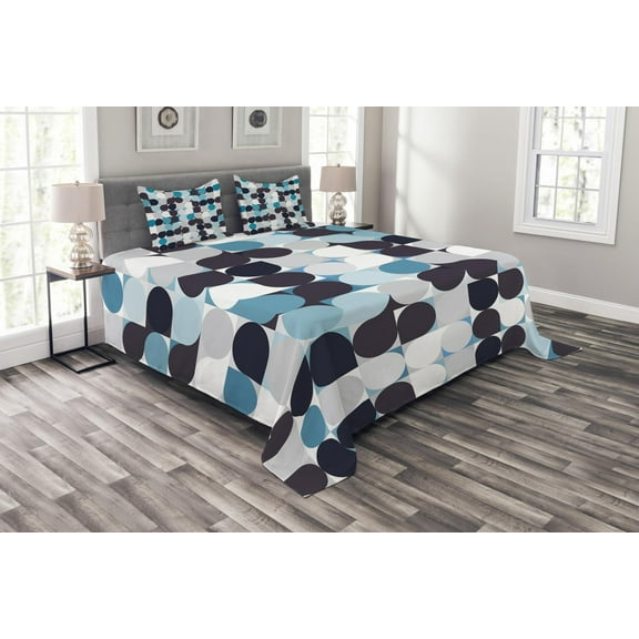 Ambesonne Abstract Quilted Bedspread Set 3 Pcs, Retro Circles Squares, Queen Size, Brown Grey Teal White