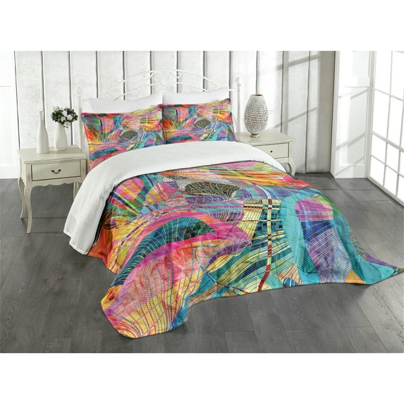 Ambesonne Abstract Quilted Bedspread Set 3 Pcs, Retro Graphic, Queen Size, Multicolor