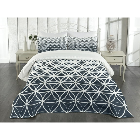 Ambesonne Abstract Quilted Bedspread Set 3 Pcs, Retro Ombre Curves, King Size, Petrol Blue and White