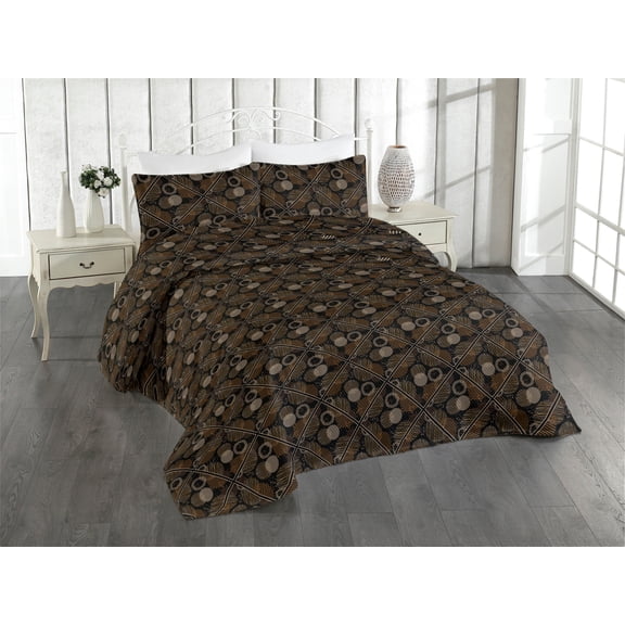 Ambesonne Abstract Quilted Bedspread Set 3 Pcs, Squares Earthy Dots Print, King, Black Caramel and Champagne