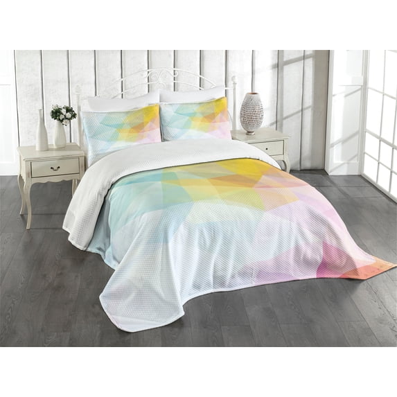 Ambesonne Abstract Quilted Bedspread Set 3 Pcs, Squares and Sharp Line, King Size, Pale Blue Yellow
