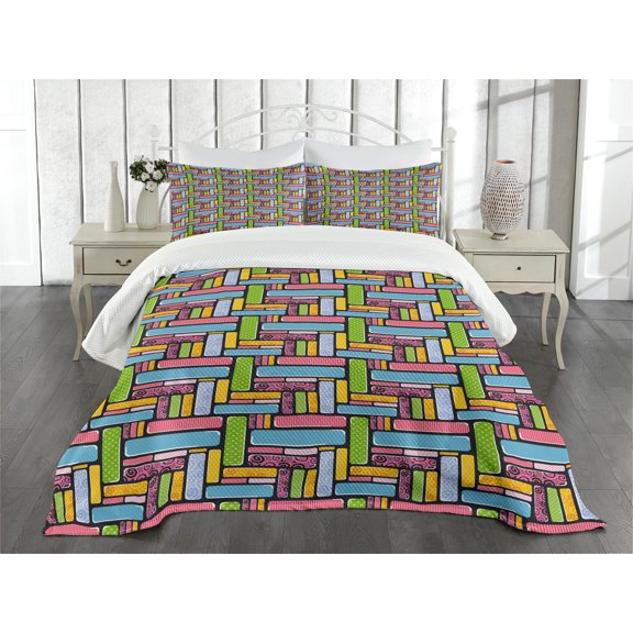 Ambesonne Abstract Quilted Bedspread Set 3 Pcs, Stars Swirls Lines Dots, Queen Size, Multicolor