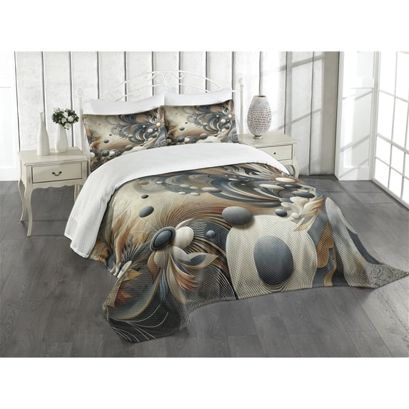 Ambesonne Abstract Quilted Bedspread Set 3 Pcs, Surreal Swirling Posh Art, King Size, Dark Slate Blue and Tan
