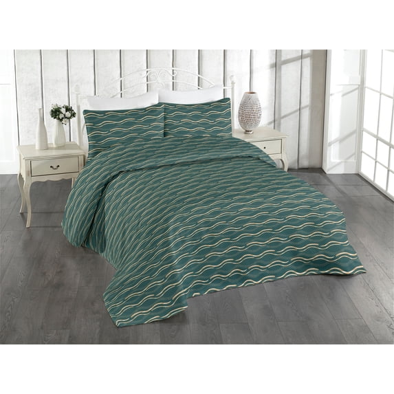 Ambesonne Abstract Quilted Bedspread Set 3 Pcs, Swirly Wave Boho Modern, King, Teal and Pale Brown