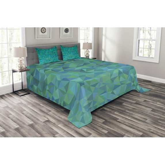 Ambesonne Abstract Quilted Bedspread Set 3 Pcs, Triangle Mosaic Design, King Size, Green Navy