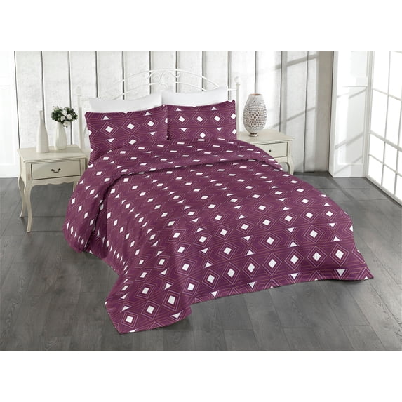 Ambesonne Abstract Quilted Bedspread Set 3 Pcs, Triangles Squares Geometry, Queen, Dark Magenta and Camel