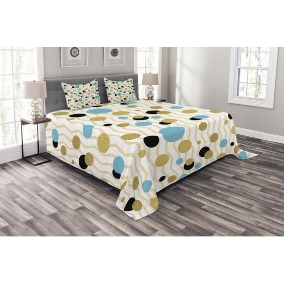 Ambesonne Abstract Quilted Bedspread Set 3 Pcs, Trippy Geometric Round, Queen Size, Aqua