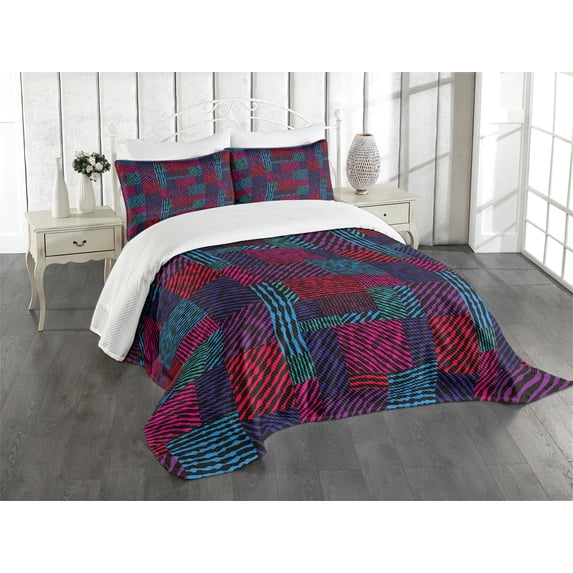 Ambesonne Abstract Quilted Bedspread Set 3 Pcs, Trippy Modern Wavy, Queen Size, Multicolor