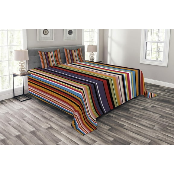 Ambesonne Abstract Quilted Bedspread Set 3 Pcs, Vibrant Colors Striped, Queen Size, Multicolor