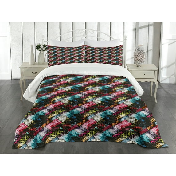 Ambesonne Abstract Quilted Bedspread Set 3 Pcs, Vibrant Traditional, King Size, Multicolor