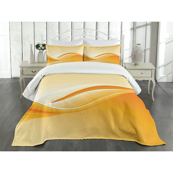 Ambesonne Abstract Quilted Bedspread Set 3 Pcs, Vibrant Waved Line, King Size, Orange Yellow