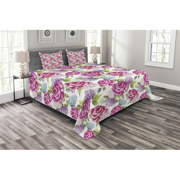 Ambesonne Abstract Quilted Bedspread Set 3 Pcs, Watercolor Lavenders, Queen Size, Pale Green Hot Pink
