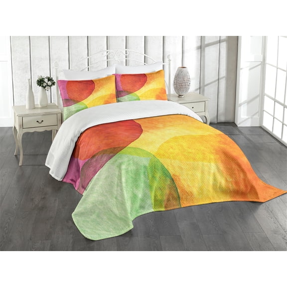 Ambesonne Abstract Quilted Bedspread Set 3 Pcs, Watercolor Modern Art, Queen Size, Yellow Orange Lime Green