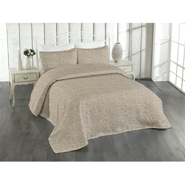 Ambesonne Abstract Quilted Bedspread Set 3 Pcs, Wavy Muted Earthy Tones, King, Pale Eggshell Warm Taupe