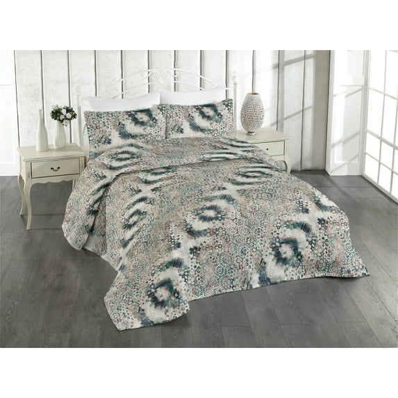 Ambesonne Abstract Quilted Bedspread Set 3 Pcs, Whimsical Grungy Pattern, Queen, Cadet Blue and Pale Chocolate