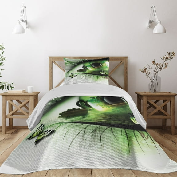Ambesonne Abstract Quilted Coverlet 2 Pcs, Abstract Swan Animal, Twin Size, Green Black White