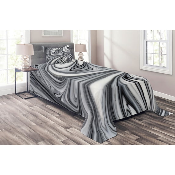 Ambesonne Abstract Quilted Coverlet 2 Pcs, Black White Surreal Art, Twin Size, Grey