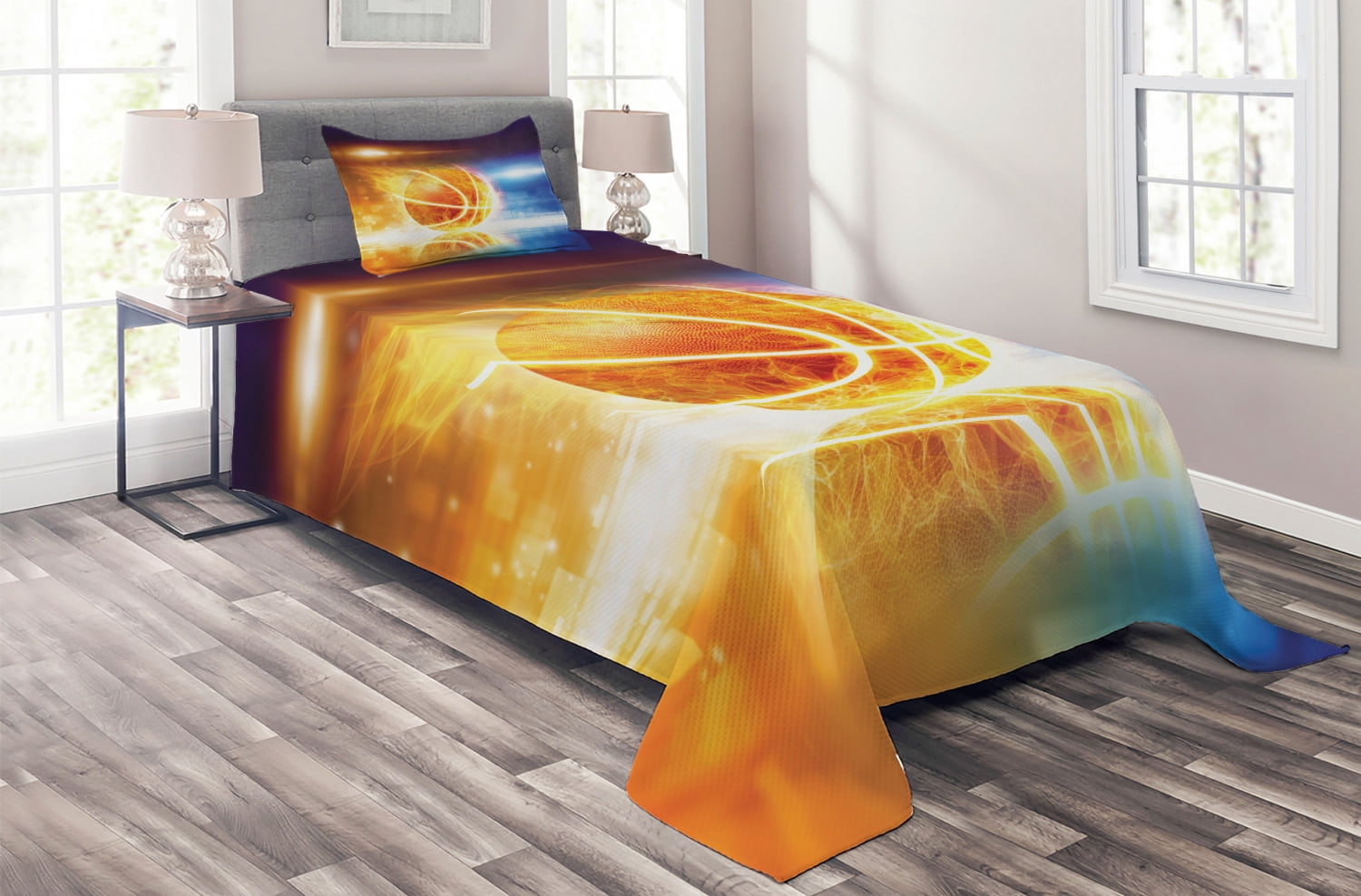 Ambesonne Abstract Quilted Coverlet 2 Pcs, Burning Basketball Art, Twin ...
