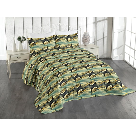 Ambesonne Abstract Quilted Coverlet 2 Pcs, Contemporary Roundy Waves, Twin Size, Ivory Slate Blue Marigold