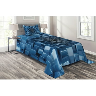 Ambesonne Abstract Quilted Coverlet 2 Pcs, Digital Geometric Cubes, Twin Size, Blue
