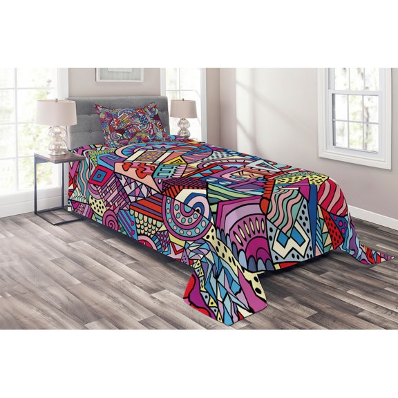 Ambesonne Abstract Quilted Coverlet 2 Pcs, Funky Modern, Twin Size, Multicolor