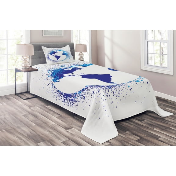 Ambesonne Abstract Quilted Coverlet 2 Pcs, Globe Ink Effect Map, Twin Size, Blue White