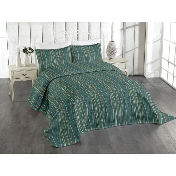 Ambesonne Abstract Quilted Coverlet 2 Pcs, Minimalist Wavy Stripes, Twin Size, Dark Teal Maroon Marigold