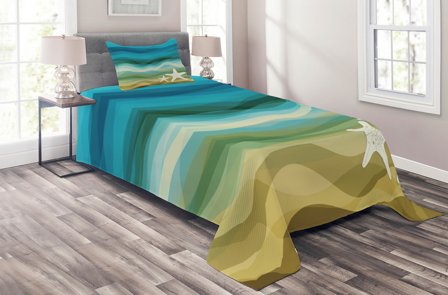 Ambesonne Abstract Quilted Coverlet 2 Pcs, Modern Waves Starfish, Twin ...