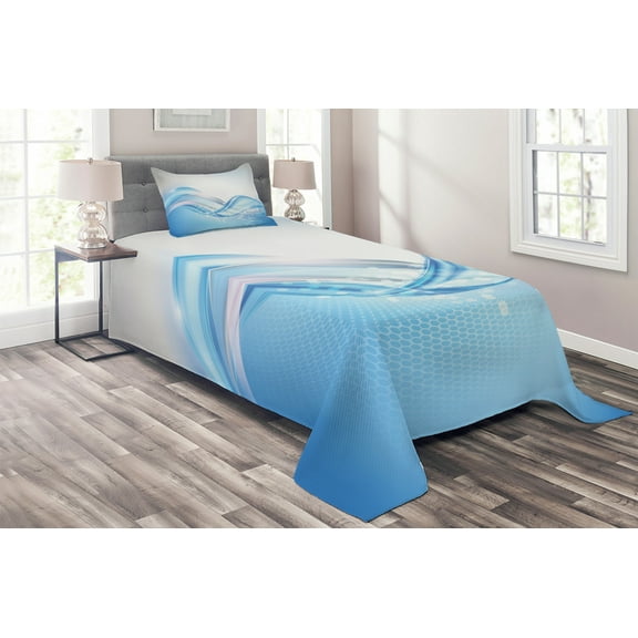 Ambesonne Abstract Quilted Coverlet 2 Pcs, Modern Wavy Surfer, Twin Size, Pale Blue and White