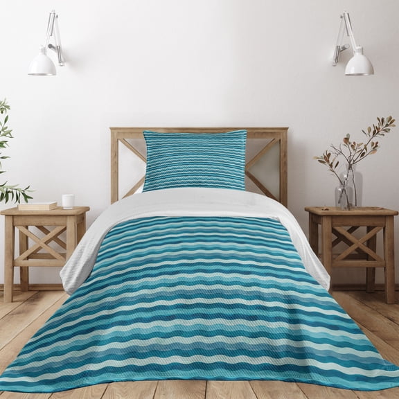 Ambesonne Abstract Quilted Coverlet 2 Pcs, Ocean Waves Aquatic, Twin Size, Turquoise Teal Blue