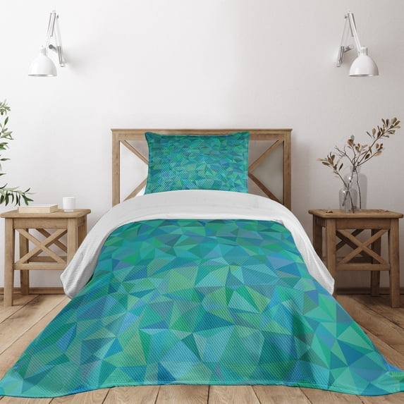 Ambesonne Abstract Quilted Coverlet 2 Pcs, Triangle Mosaic Design, Twin Size, Green Navy
