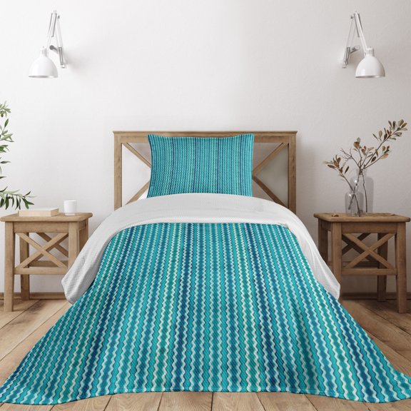 Ambesonne Abstract Quilted Coverlet 2 Pcs, Wavy Stripe Pattern, Twin Size, Aqua Blue Turquoise