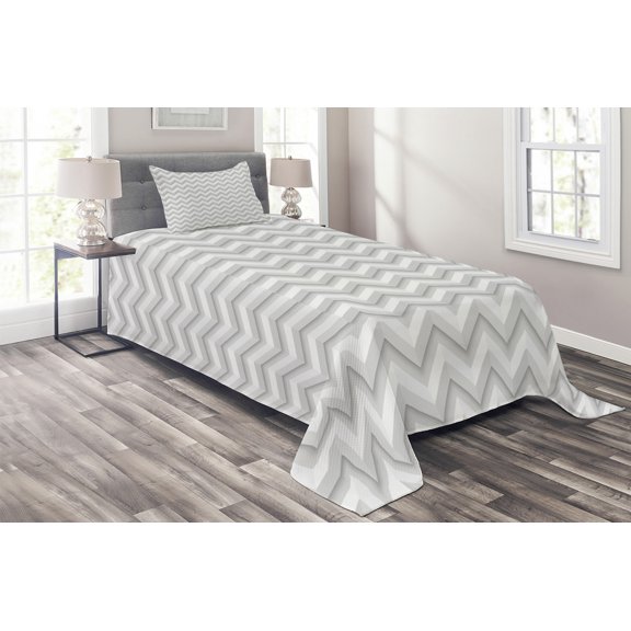 Ambesonne Abstract Quilted Coverlet 2 Pcs, Zig Zag Chevron Motif, Twin Size, Pale Grey White