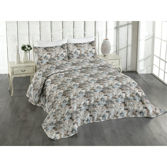 Ambesonne Abstract Quilted Coverlet 3 Pcs, Art Ethnic Stripe Pattern, King Size, Off White and Charcoal Grey