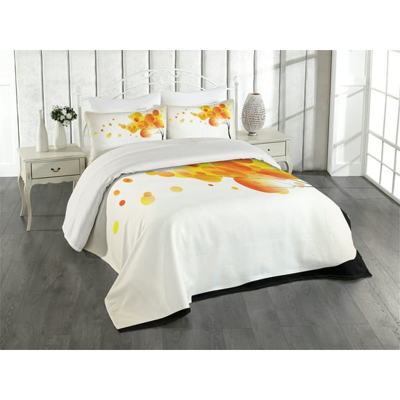 Ambesonne Abstract Quilted Coverlet 3 Pcs, Autumn Sun and Trees, Queen Size, Yellow Orange and Black