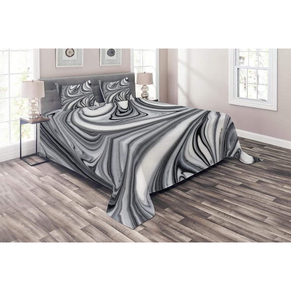 Ambesonne Abstract Quilted Coverlet 3 Pcs, Black White Surreal Art, King Size, Grey