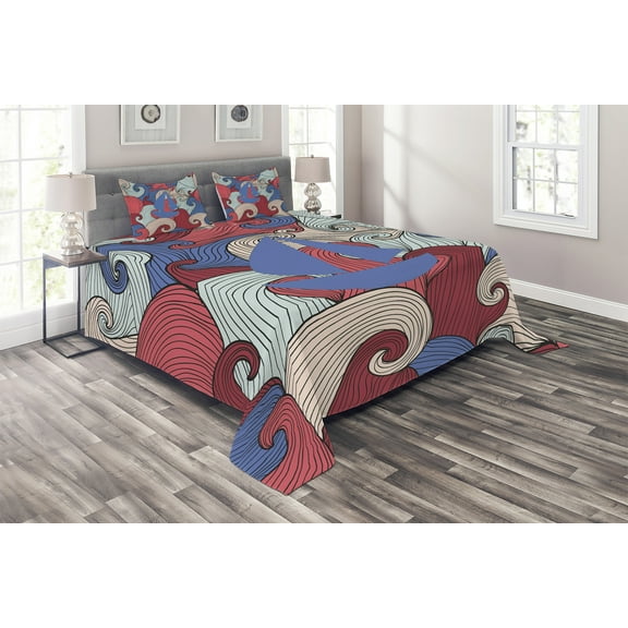 Ambesonne Abstract Quilted Coverlet 3 Pcs, Blue Boat Silhouette, King Size, Multicolor