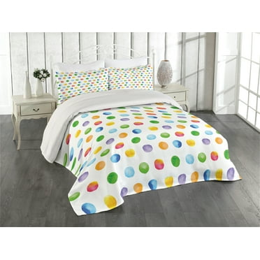 Ambesonne Abstract Quilted Coverlet 3 Pcs, Colored Big Polka Dots, King Size, Multicolor