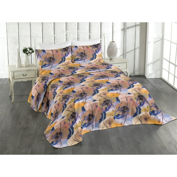 Ambesonne Abstract Quilted Coverlet 3 Pcs, Colorful Design Brush Art, King Size, Dark Lavender and Marigold