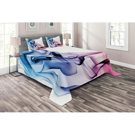 Ambesonne Abstract Quilted Coverlet 3 Pcs, Colorful Smoke Flow, Queen Size, Fuchsia Blue