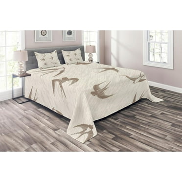 Ambesonne Abstract Quilted Coverlet 3 Pcs, Flying Birds, King Size, Beige Brown