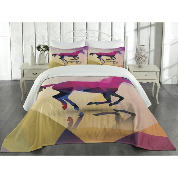 Ambesonne Abstract Quilted Coverlet 3 Pcs, Geometric Horse Animal, King Size, Cream Pink Purple