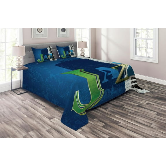 Ambesonne Abstract Quilted Coverlet 3 Pcs, Jazz Music Keys Guitar, King Size, Navy Green White