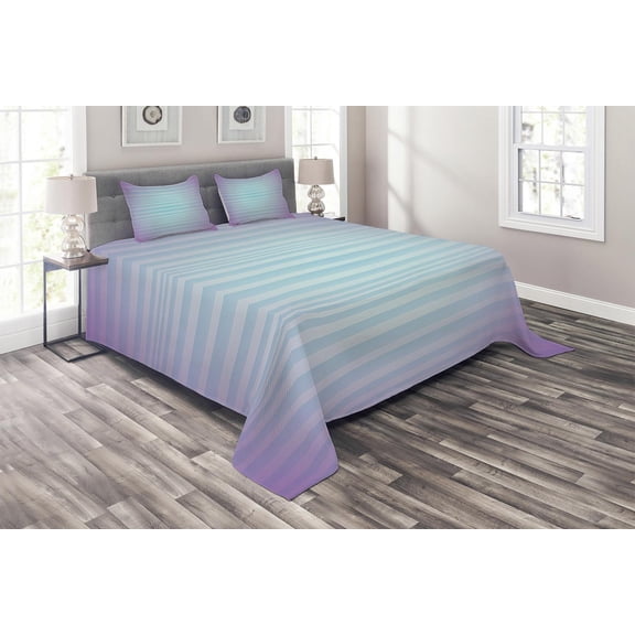 Ambesonne Abstract Quilted Coverlet 3 Pcs, Minimalist Stripes, Queen Size, Blue Purple