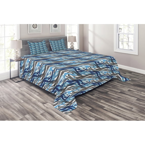Ambesonne Abstract Quilted Coverlet 3 Pcs, Modern Art Stripes, King Size, Grey Blue White
