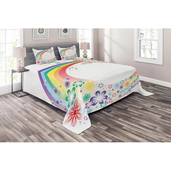 Ambesonne Abstract Quilted Coverlet 3 Pcs, Nature Spring Floral, King Size, Multicolor