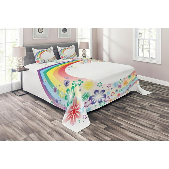 Ambesonne Abstract Quilted Coverlet 3 Pcs, Nature Spring Floral, Queen Size, Multicolor